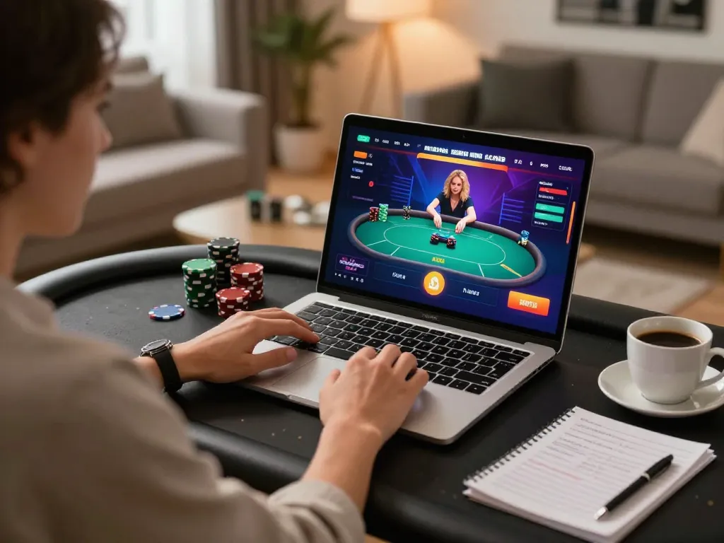 Engage with yo88i's dynamic online poker experience at home, featuring a stylish setup and vibrant gaming interface.