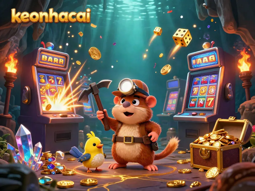 Engage with keonhacai in a vibrant scene of a treasure hunter mole surrounded by bursting slot machines, coins, and prizes.