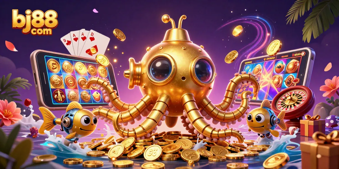 Bj88 com showcases an exciting gaming scene with a golden kraken and slot games, evoking high-stakes casino thrills.