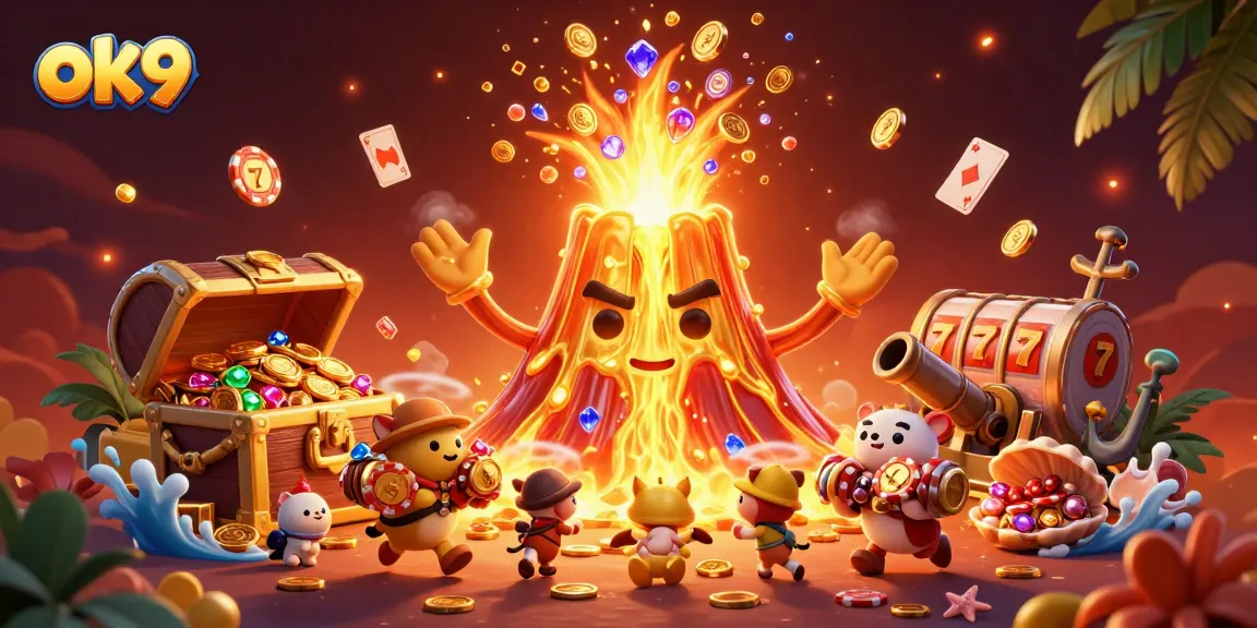 ok9 players enjoying slot games near a golden volcano erupting coins in 3D illustration