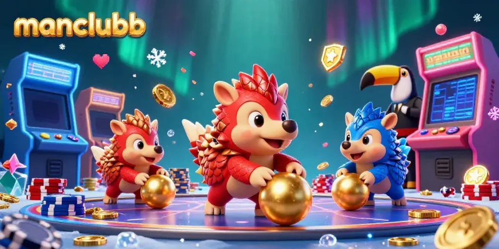 Engaging scene of manclubb featuring rival pangolins bowling through poker chips in a casino atmosphere with vibrant game elements.
