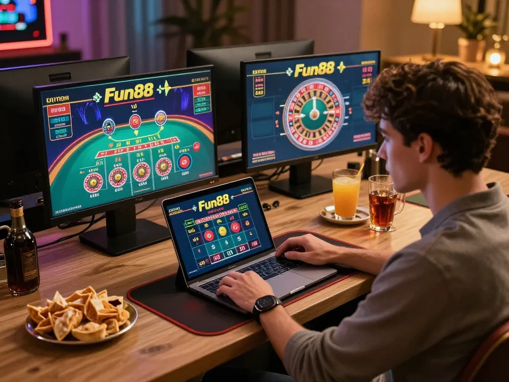 Engaged player exploring Fun88 gaming options on laptop in cozy home environment.