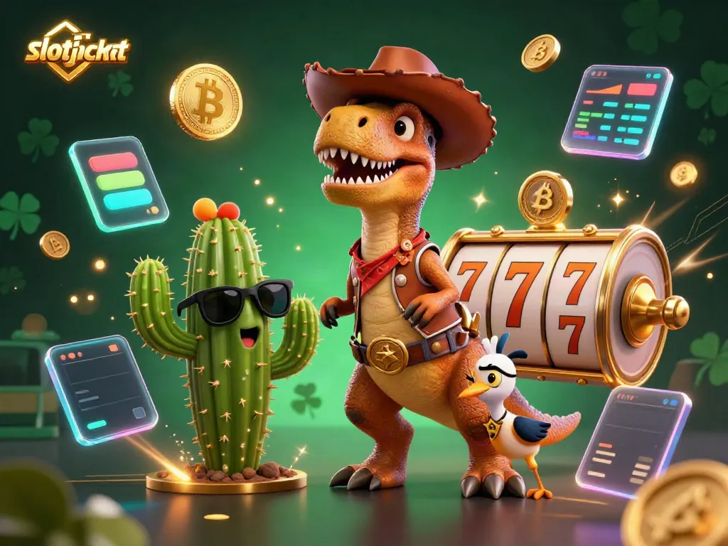 Engage with the vibrant slot jackpot scene featuring a T-Rex dinosaur, cactus, and roadrunner amidst floating coins and slot reels.