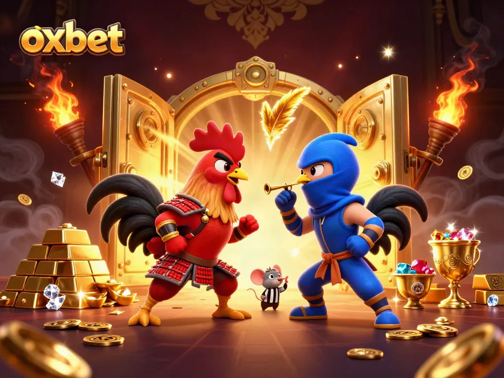 Experience thrilling cockfighting action with oxbet, highlighting vibrant characters and treasures in a dynamic scene.