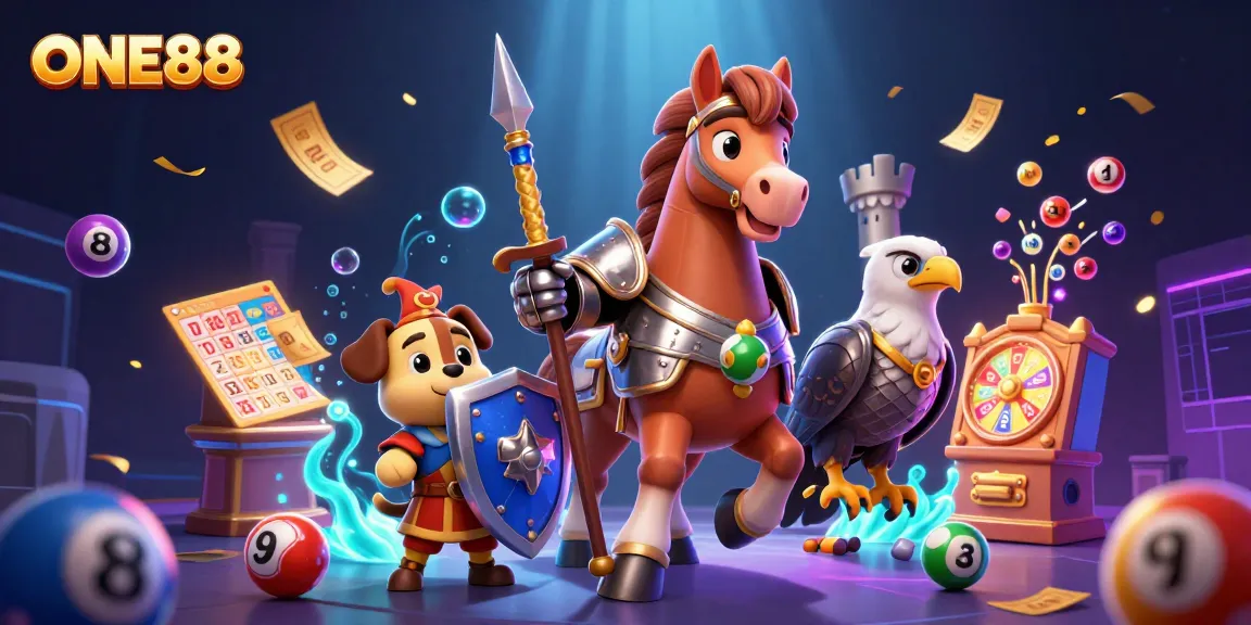ONE88 integrates dynamic lottery elements with a knight, squire, and falcon, showcasing thrilling winnings.