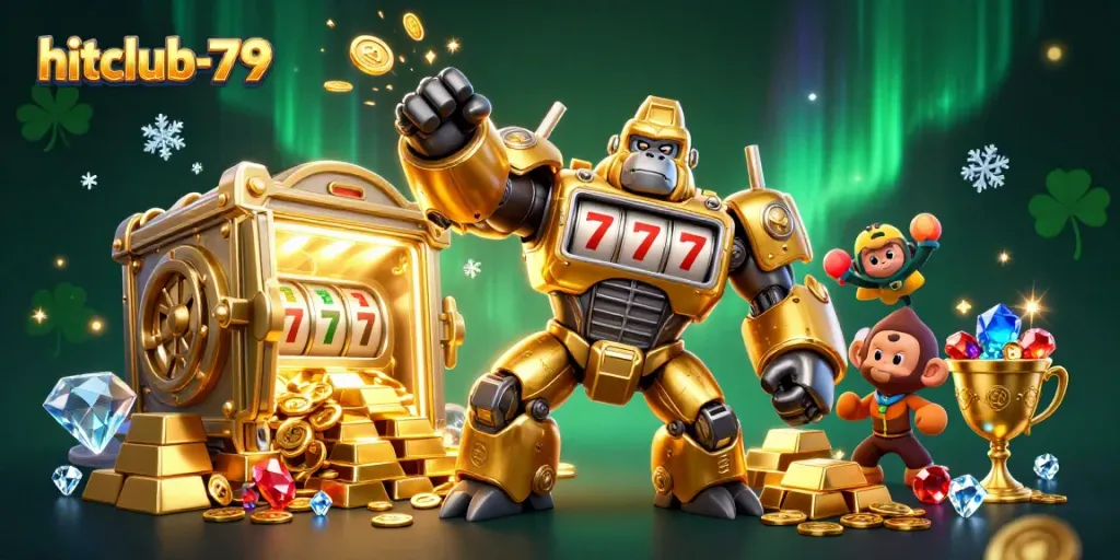 Experience the thrill of win with hitclub-79 in this vibrant 3D casino-inspired scene showcasing dynamic gaming elements.