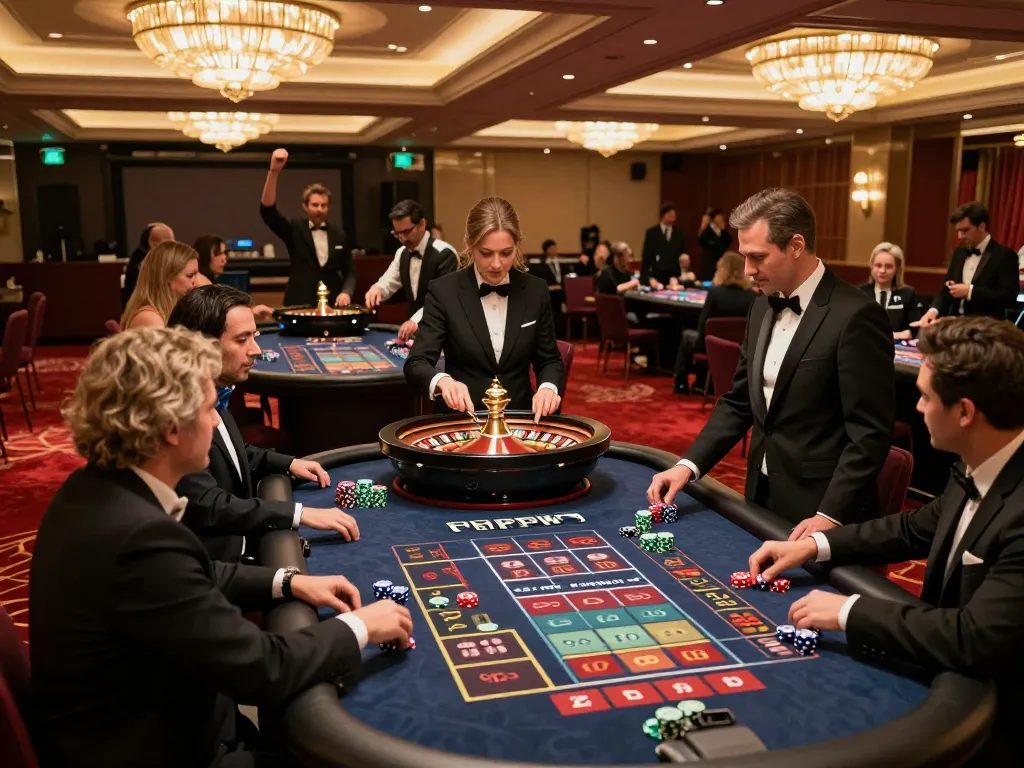 sin88 players placing bets at roulette tables in a luxurious casino atmosphere