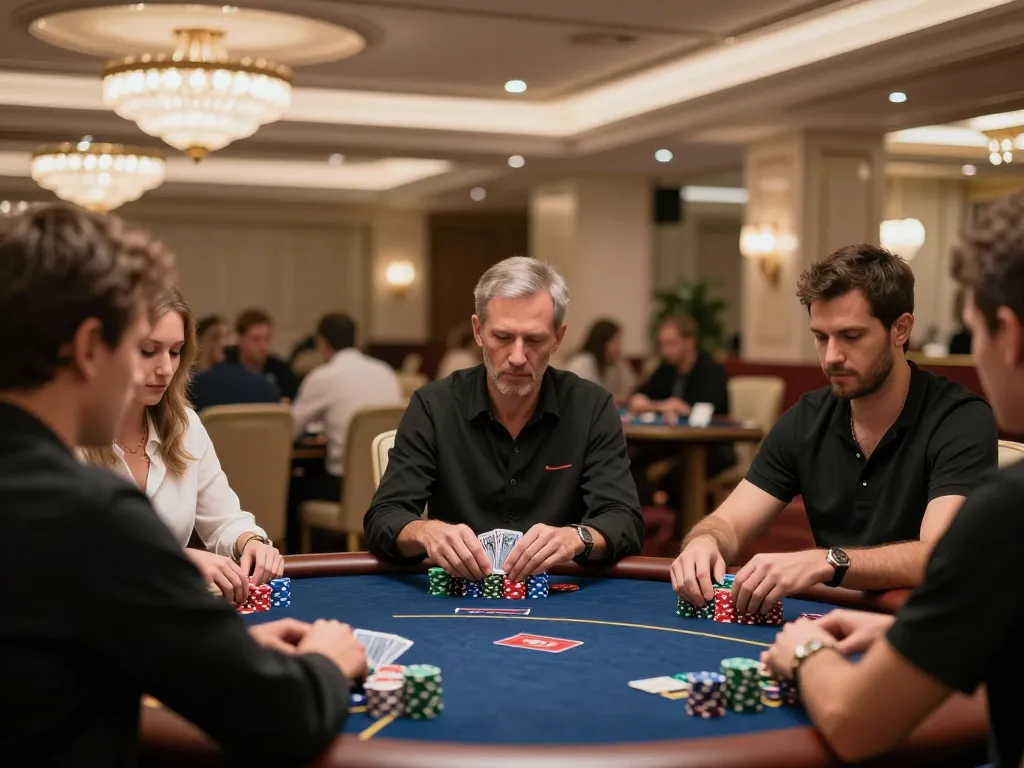High-stakes players at a VIP poker table in an upscale casino enjoying exciting games with 28bets.