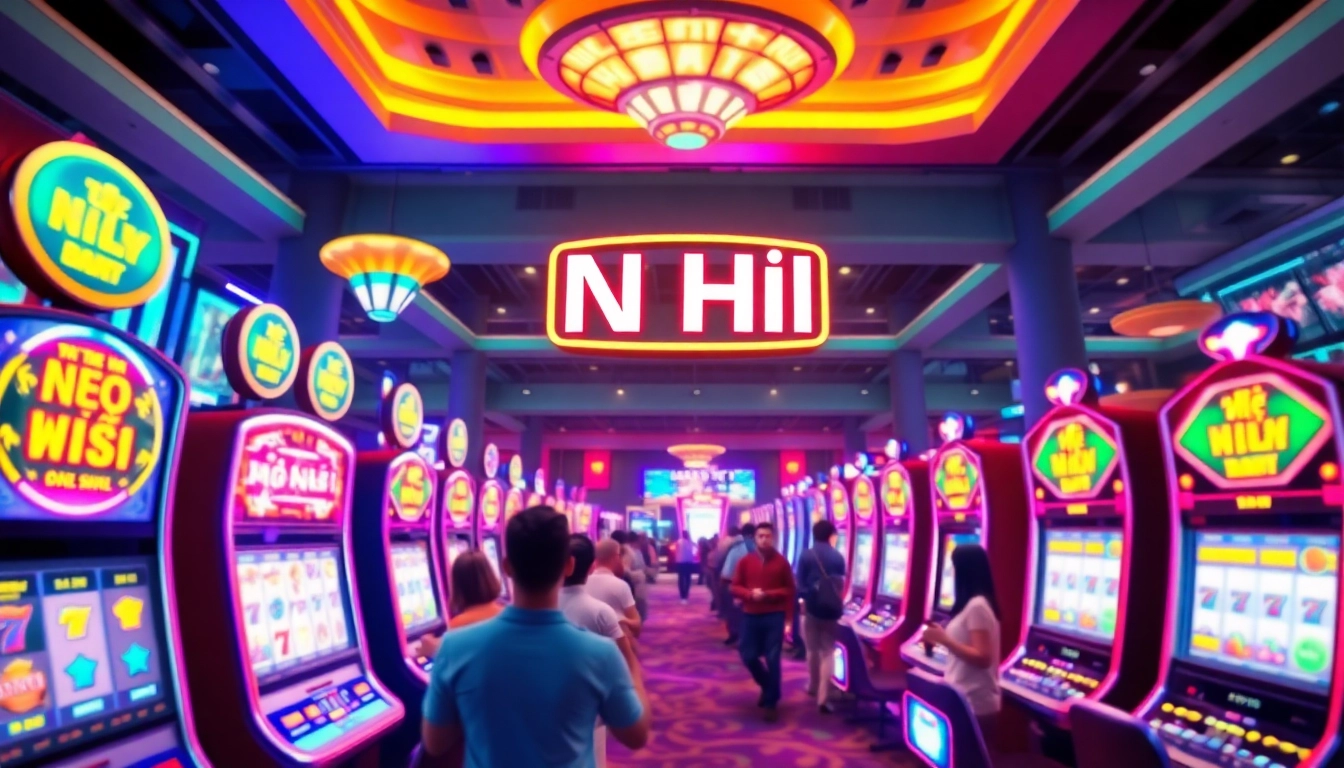 Nổ Hũ slot machines in a vibrant online casino setting filled with enthusiastic players.