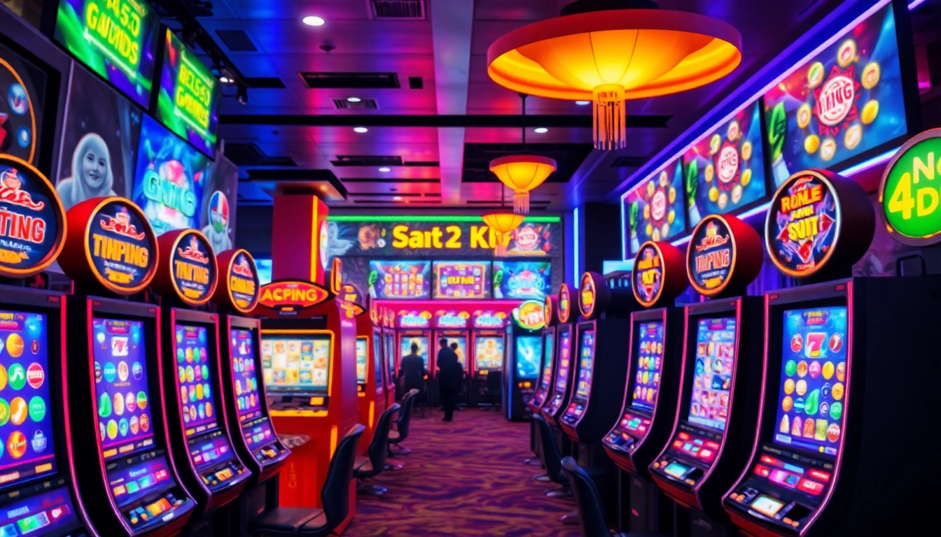 Nổ Hũ vibrant online gaming scene with colorful slot machines, exciting atmosphere.