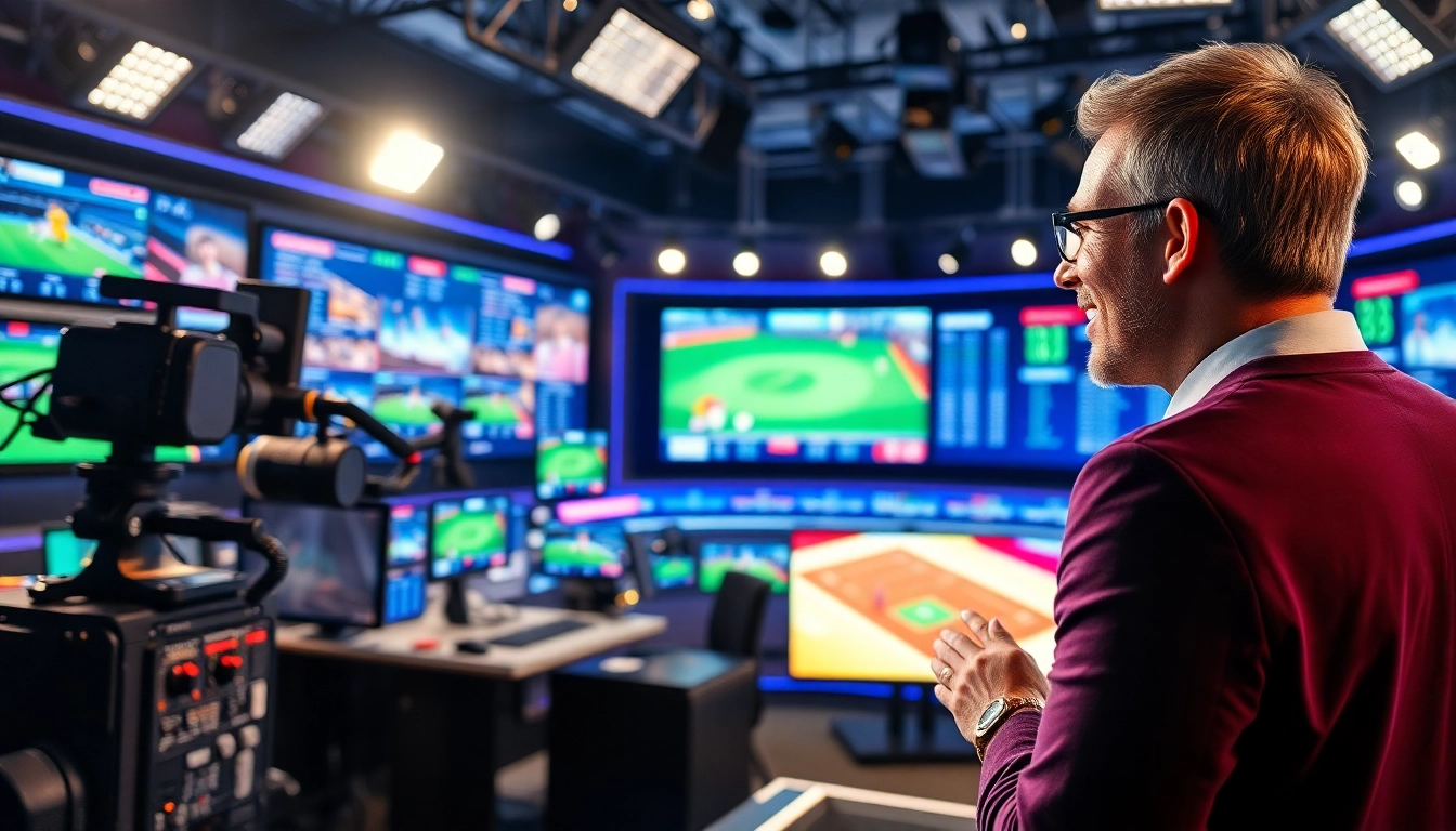 Sports Broadcasting studio showcasing a dynamic host and advanced broadcasting equipment.