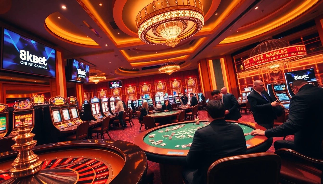 Players enjoying high-stakes games and excitement at the luxurious 8KBET casino.