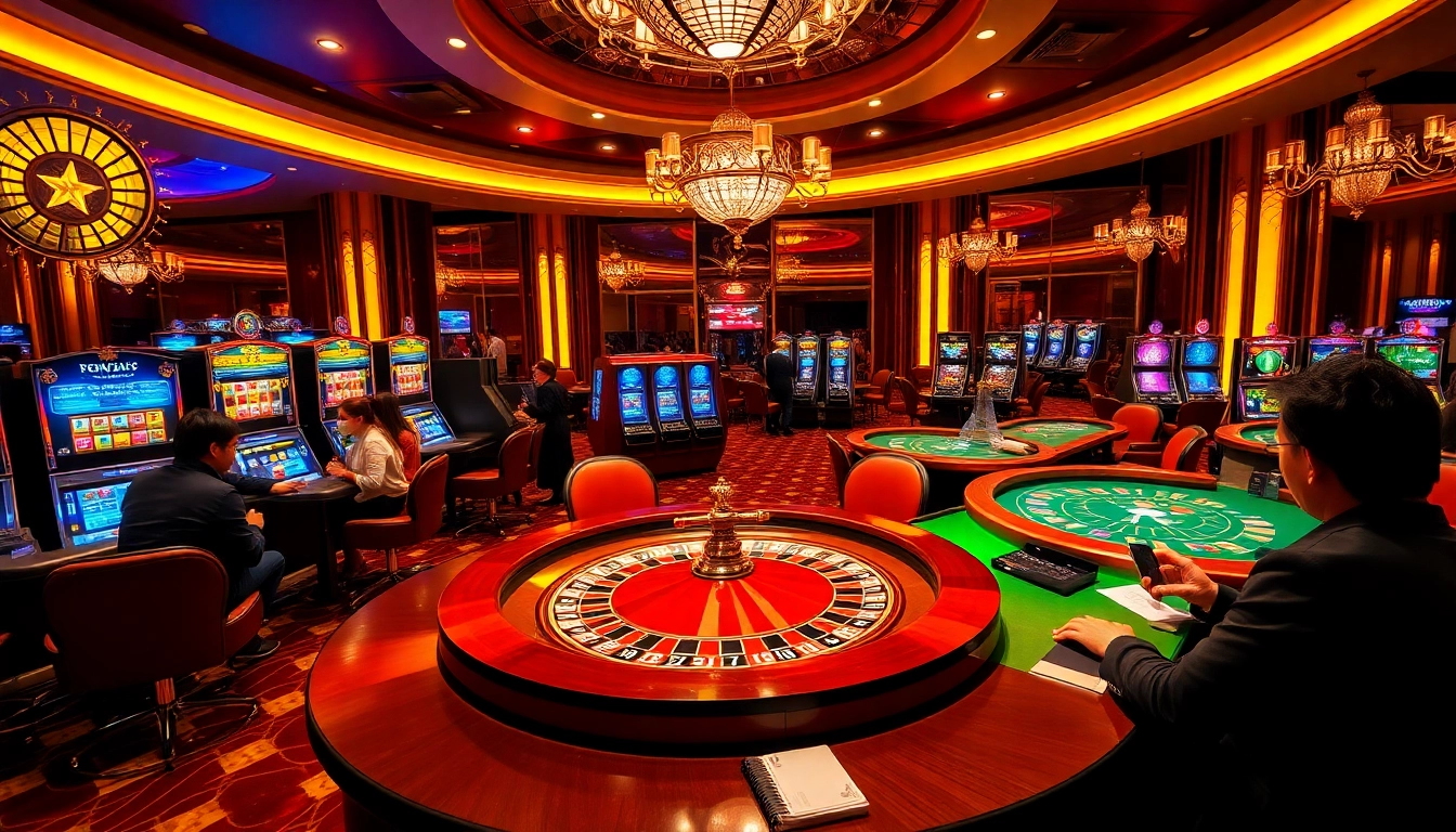 Exciting gaming atmosphere at a casino featuring nhacaiuytin elements like roulette and slot machines.