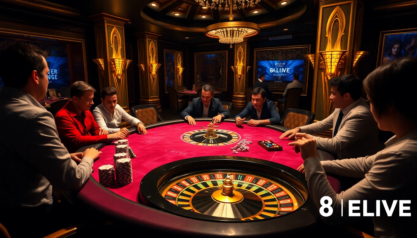 Engaged players at a luxurious poker table at 8LIVE, showcasing excitement and professionalism in gambling.
