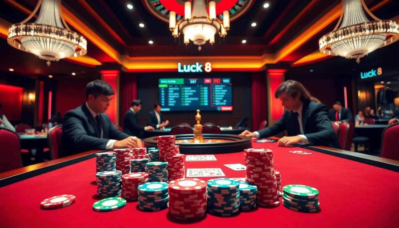 Experience thrilling poker action at Luck8's vibrant casino table with colorful chips and cards.