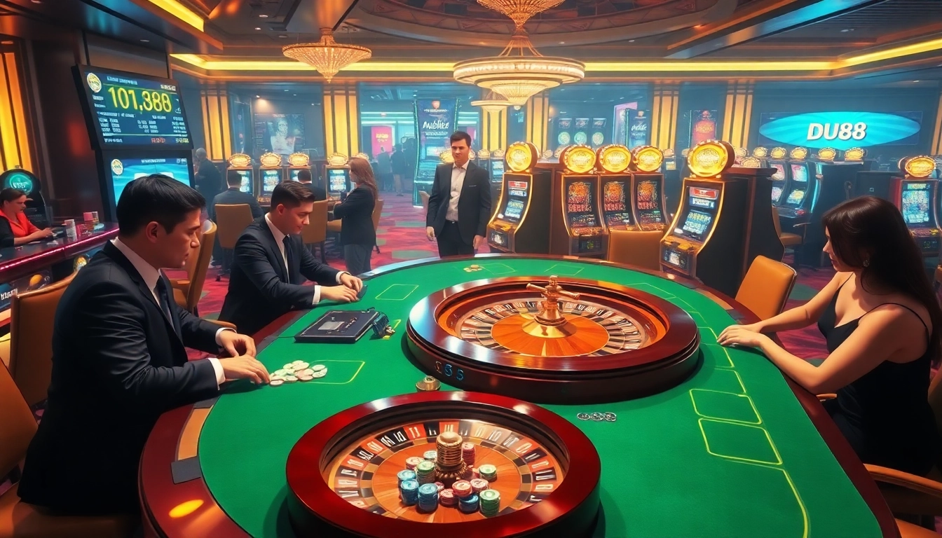 Players engaging in high-stakes betting at DU88's luxe casino tables, showcasing excitement and strategy.