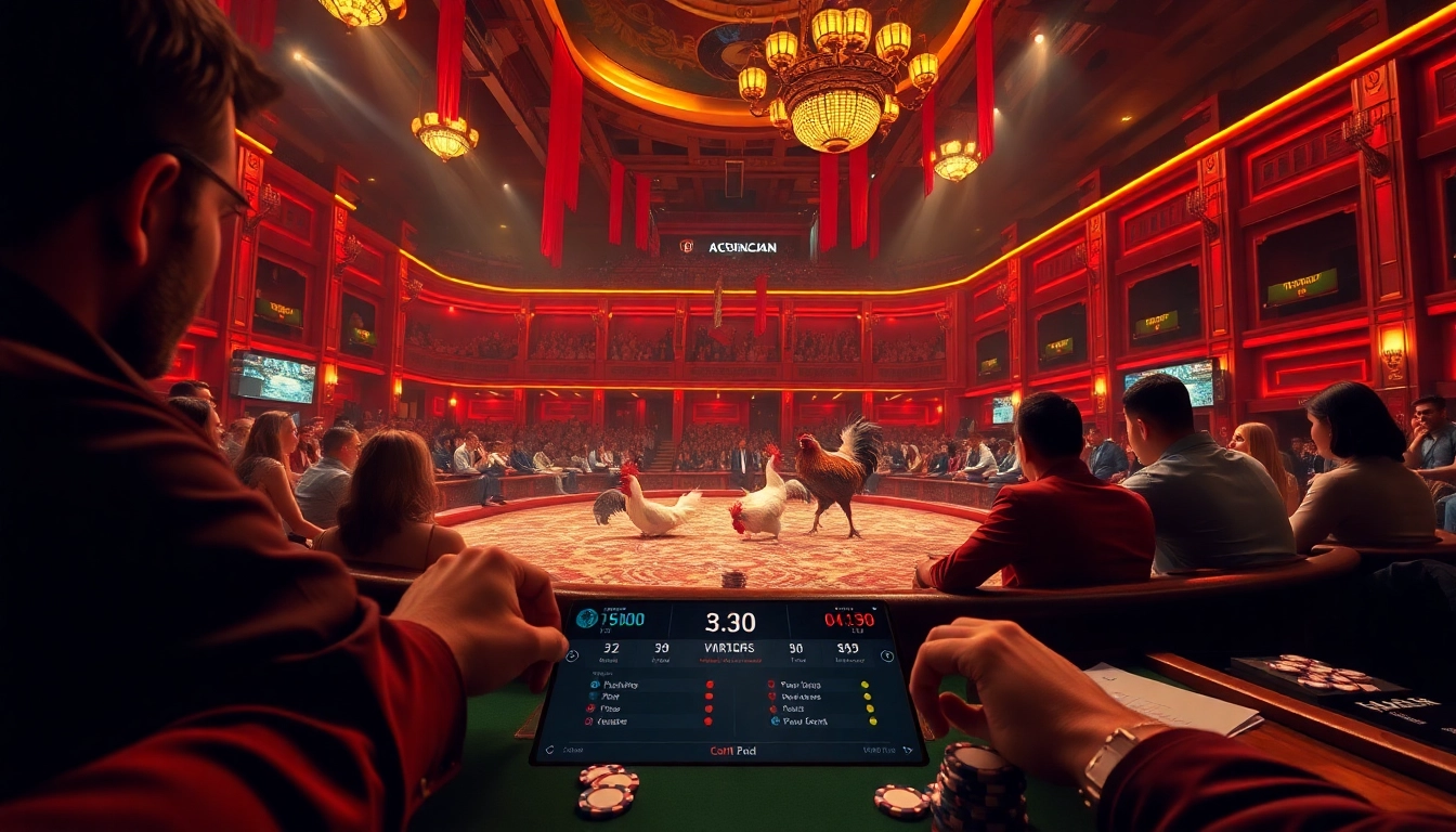 Experience the thrill of đá gà trực tiếp with a live betting scene showcasing a vibrant cockfighting arena.