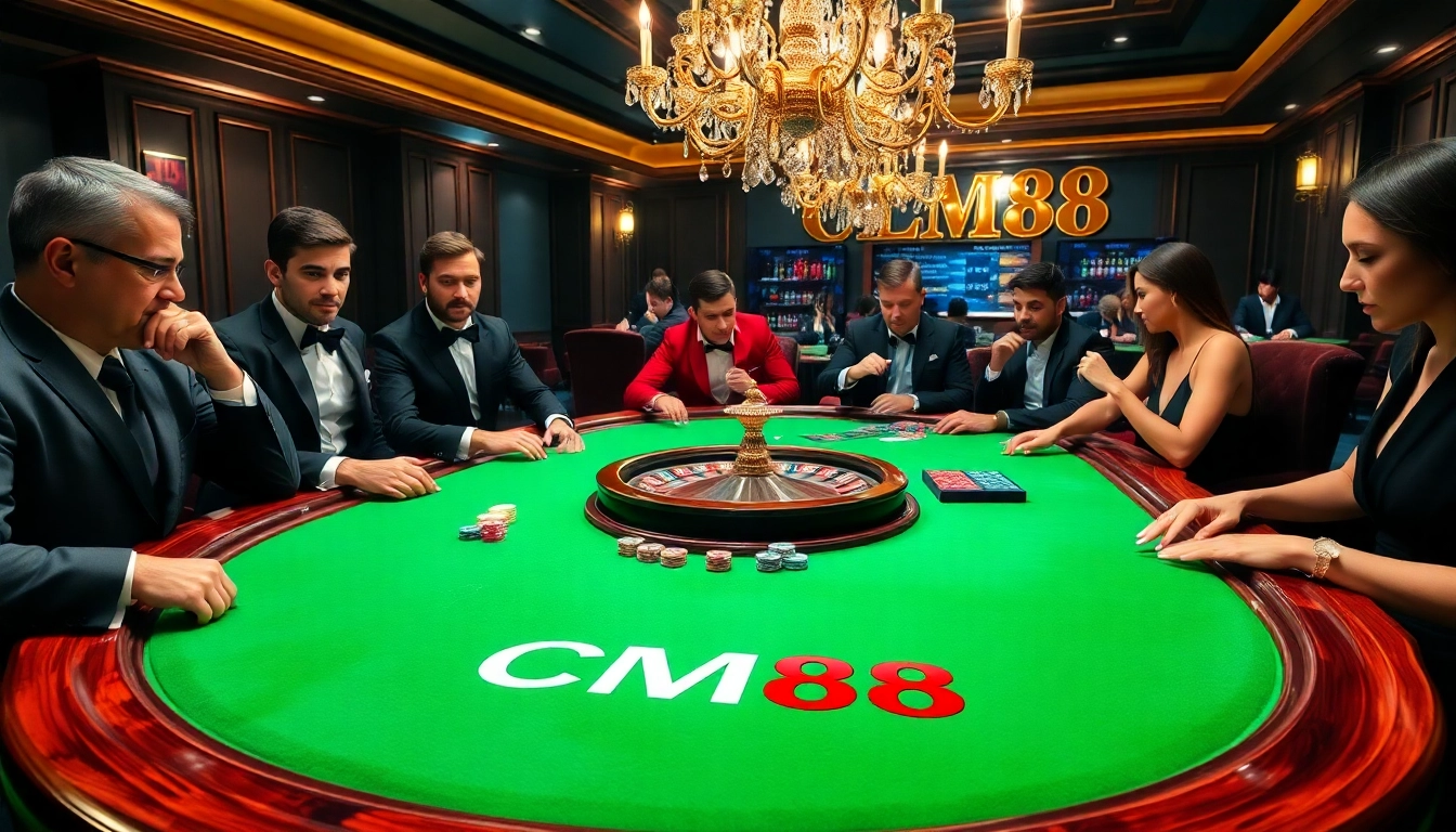 Engage in high-stakes poker at CM88 casino with colorful chips and a luxurious atmosphere.