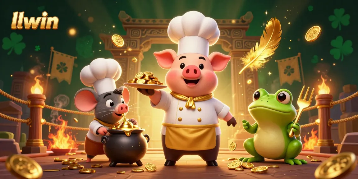 Enhance your chances and win at llwin casino with gourmet golden coins served by a chef pig in a vibrant 3D scene.