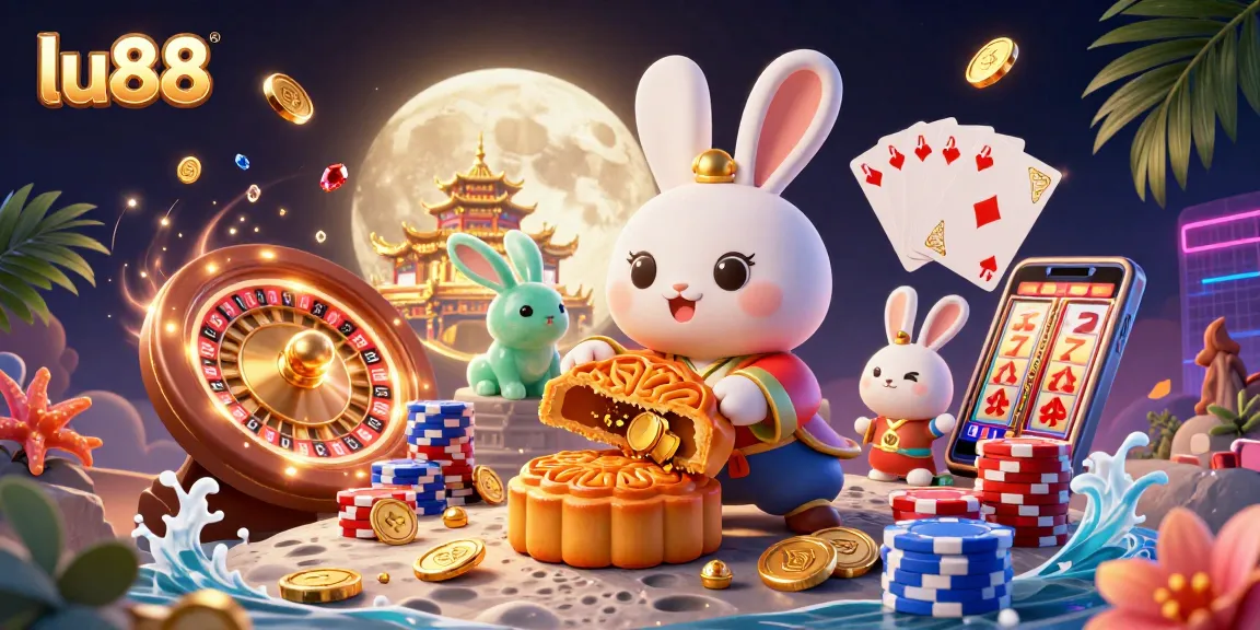 Spin to win at Lu88 with an enchanting moon rabbit and vibrant casino elements!