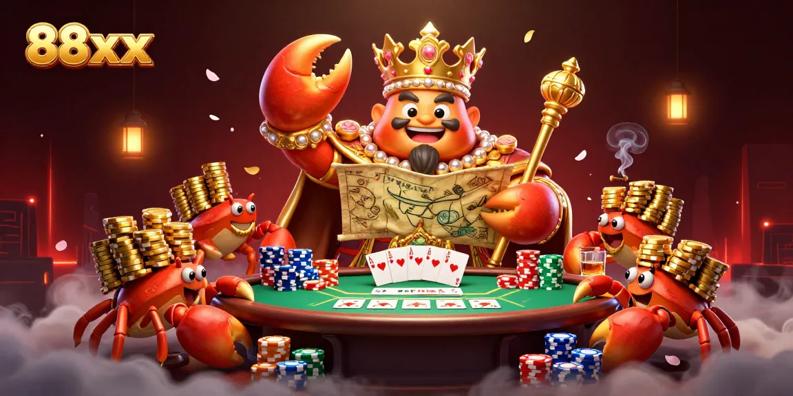 Engage in thrilling gameplay with 88xx featuring a massive crab empress amidst golden chips and poker elements.