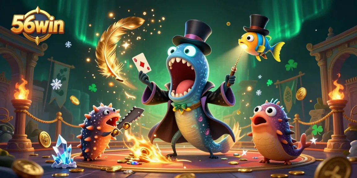Engage with 56win's thrilling card tricks scene featuring magical sea creatures and betting excitement.