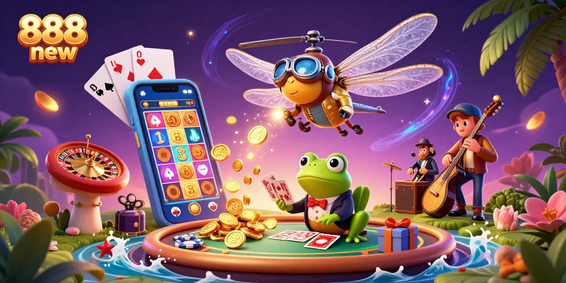 Engaging 3D scene depicting 888 new gaming action with a dragonfly pilot, frog croupier, and cricket musicians.